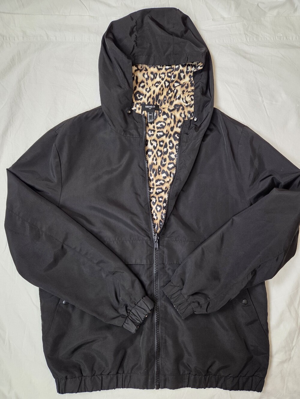 Black Hooded Windbreaker with Leopard Lining